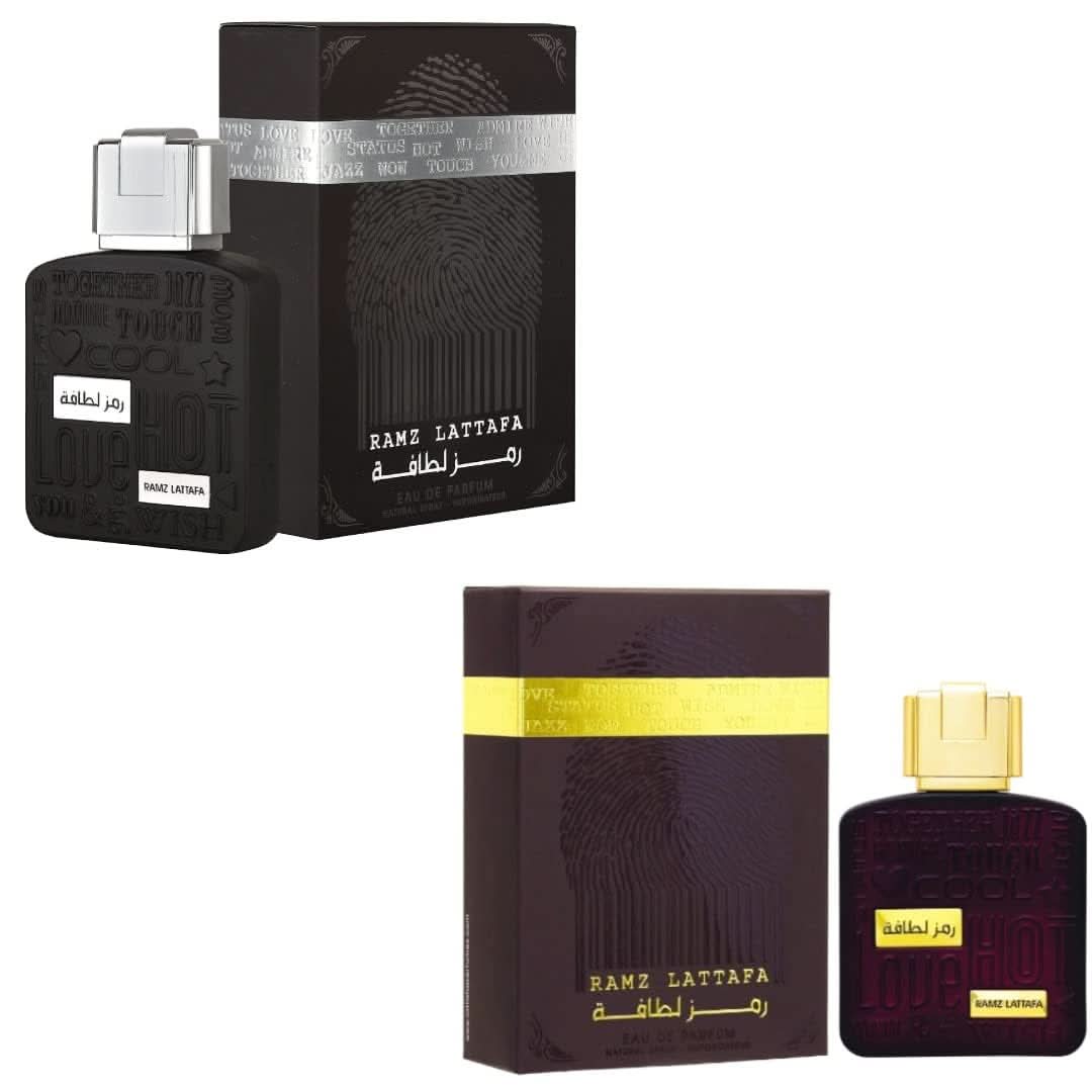 Ramz Lattafa couple set with 100ml Eau De Parfum bottles, showcasing elegant packaging and sleek design by Lattafa.