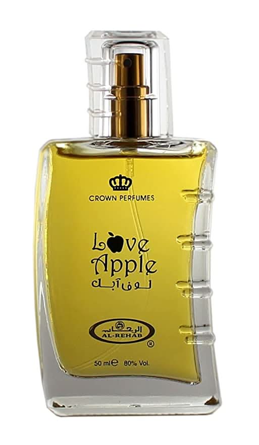 Al Rehab Love Apple Eau De Parfum bottle, 50ML, with a sleek design and apple-themed branding, on a neutral background.