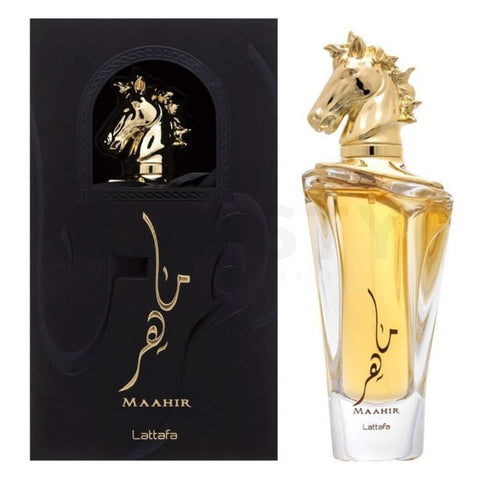 Lattafa Bade'e Al Oud for Glory, Maahir & Maahir Black EDP bundle, showcasing elegant 100ml perfume bottles with warm woody scents.