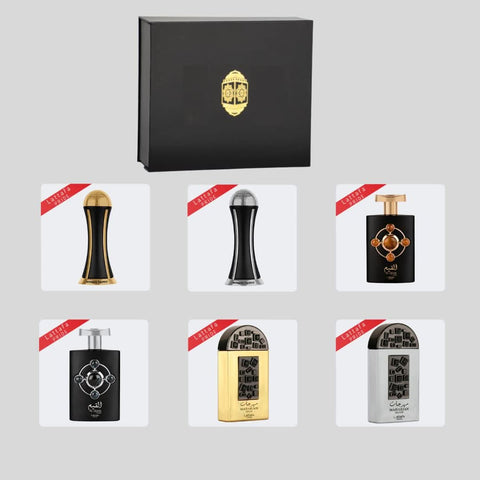 Lattafa Pride Discovery Pack of 6 Eau De Parfum travel sets in 20ml bottles with magnetic gift box display