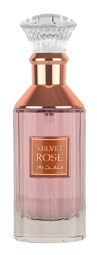 Lattafa Velvet Rose EDP Eau de Parfum 100ml bottle with elegant pink and gold packaging, highlighting floral and rose scent.