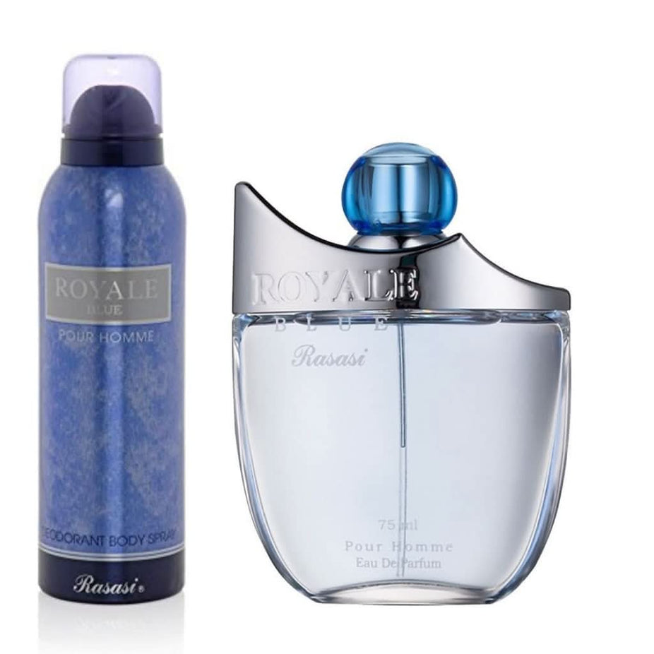 Rasasi Royale Blue Men Perfume EDP and Deo value pack with 75ml and 200ml bottles, featuring sleek packaging and branding.