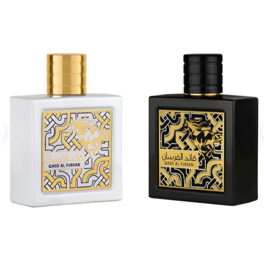 Qaed Al Fursan & Qaed Al Fursan Unlimited Lattafa Eau De Parfum 90ml bottles with elegant packaging and perfume spray.