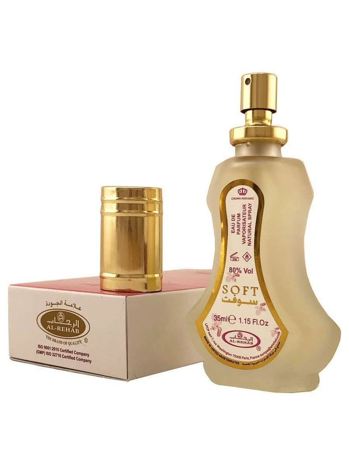 Al Rehab Soft Eau de Parfum spray bottle, 35ml, with elegant packaging and clear spray nozzle visible.