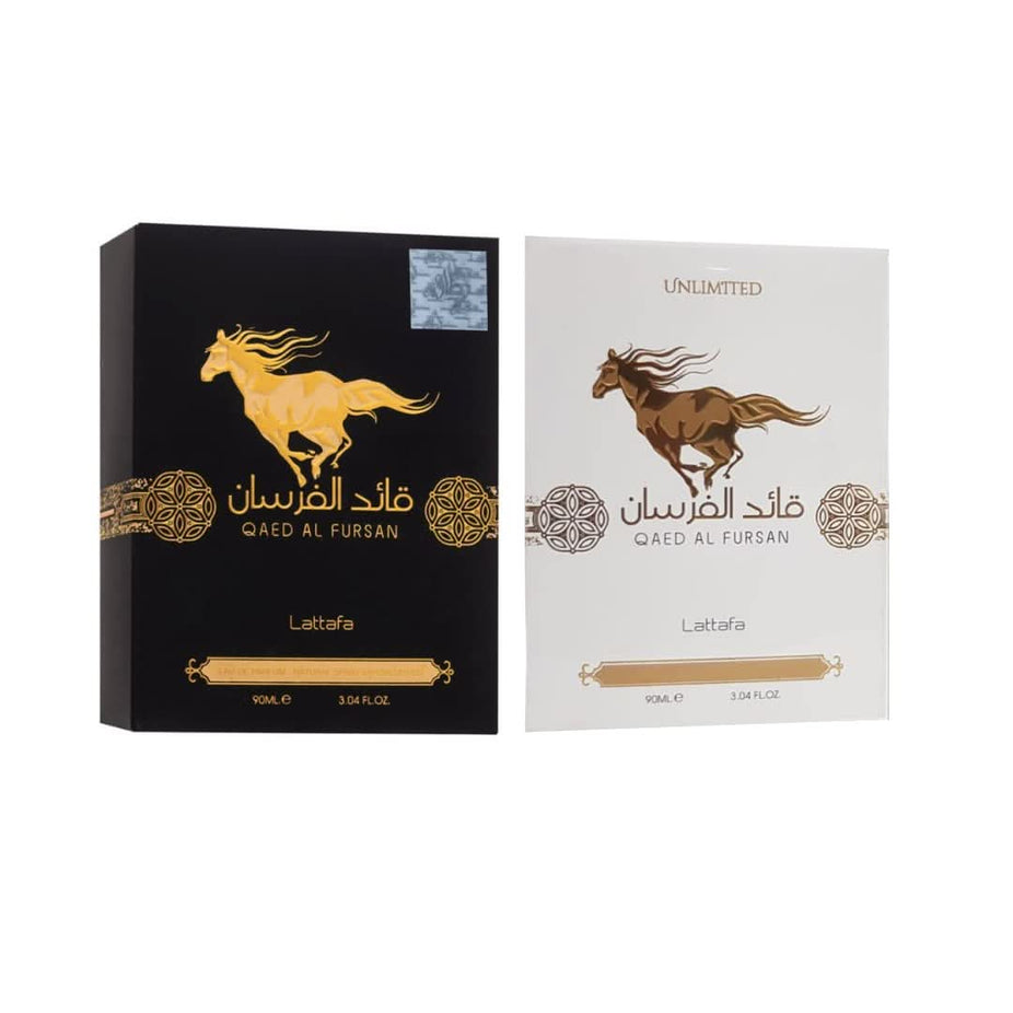 Qaed Al Fursan & Qaed Al Fursan Unlimited Lattafa Eau De Parfum 90ml bottles with elegant packaging and branding.