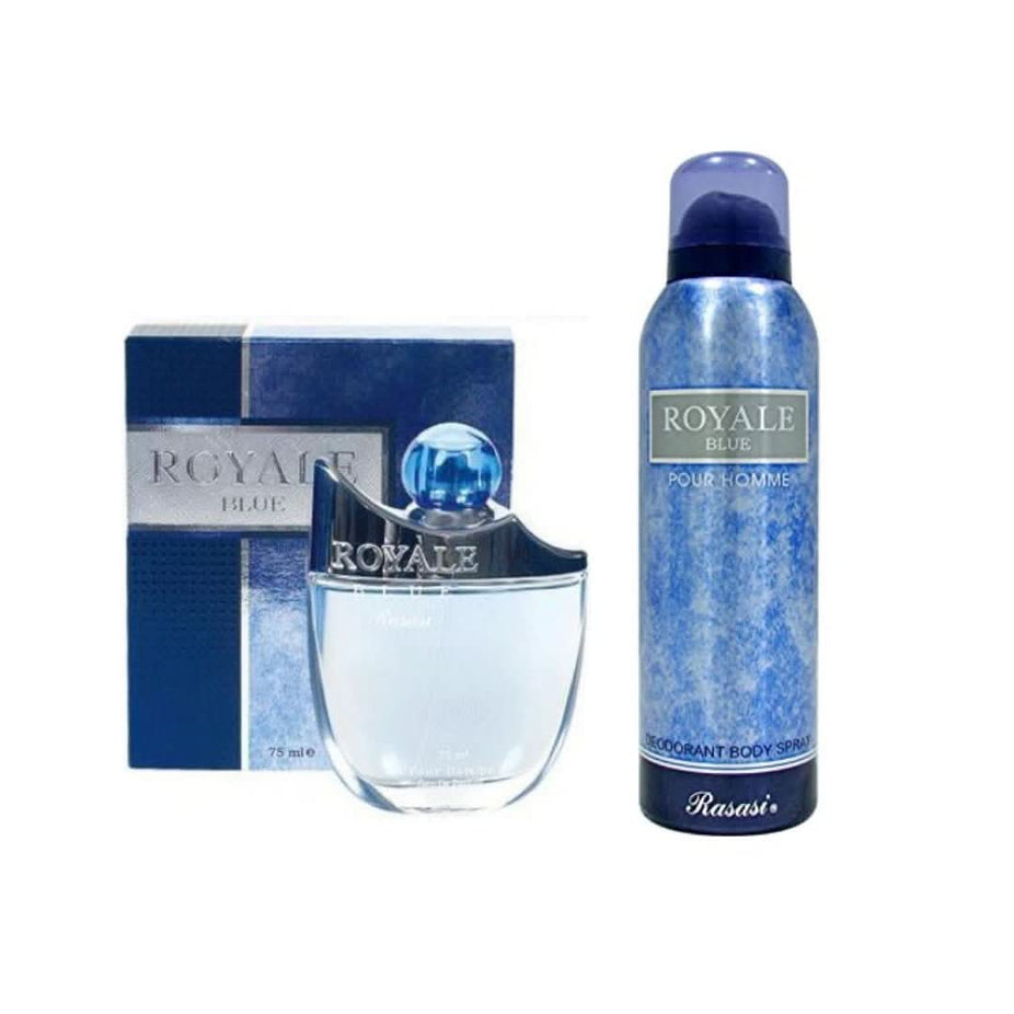 Rasasi Royale Blue for Men perfume EDP and deodorant bundle, 75ml and 200ml bottles, in a sleek packaging.