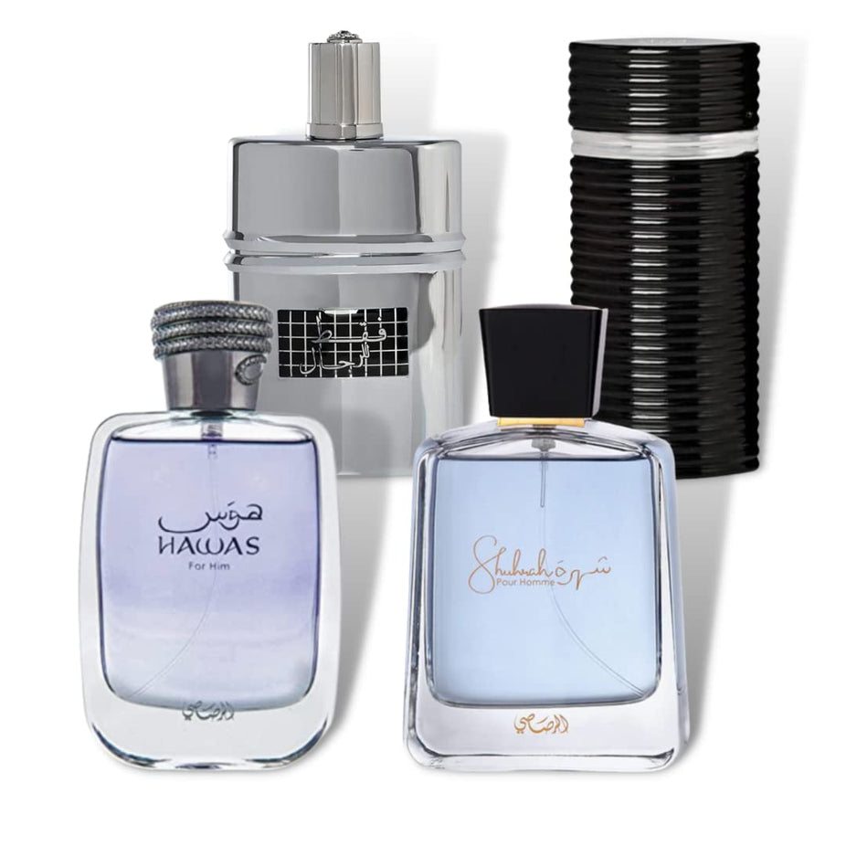 Hawas for Men 100ml(3.4 oz), Faqat Lil Rijjal for Men 50ml(1.7 oz), Shuhrah for Men 90ml(3.0 oz) & Egra for Men 100ml(3.4 oz) I by Rasasi-Xtra Value Collection - Intense Oud