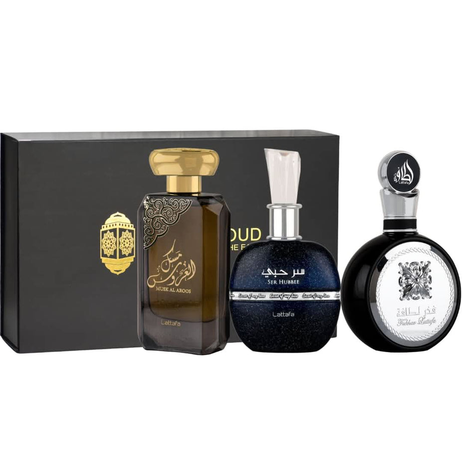 Lattafa Musk Al Aroos and Fakhar Men & Ser Al Hubee EDP perfume gift set in a magnetic box, featuring elegant floral and woody fragrances.