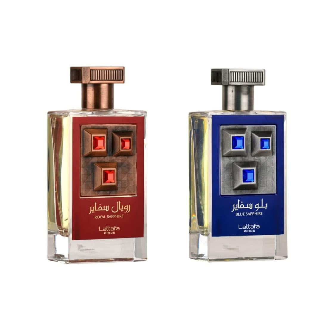 Lattafa Pride Royal Sapphire & Blue Sapphire unisex Eau de Parfum 100ml bottle with elegant blue and gold design.
