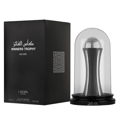 Lattafa Pride Winners Trophy Silver EDP 100mL perfume bottle with silver accents and elegant packaging.