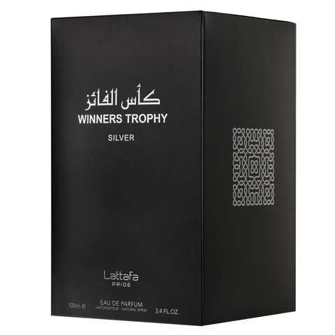 Lattafa Pride Winners Trophy Silver Eau De Parfum 100mL bottle with sleek silver packaging and elegant design.