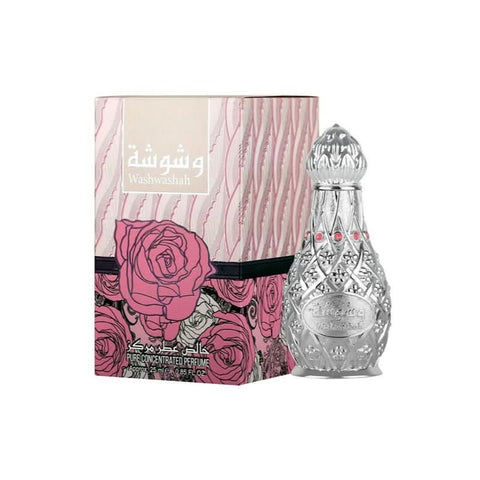 Ard Al Zaafaran Washwashah concentrated perfume oil in a 25ML bottle, featuring intricate floral and spicy fragrance design.