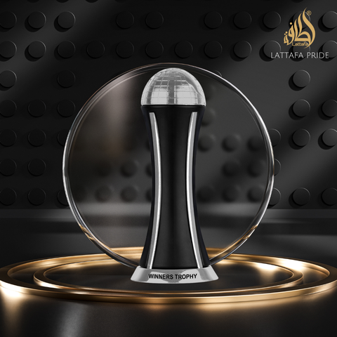 Lattafa Pride Winners Trophy Silver EDP Eau De Parfum 100mL bottle with silver cap and elegant packaging.