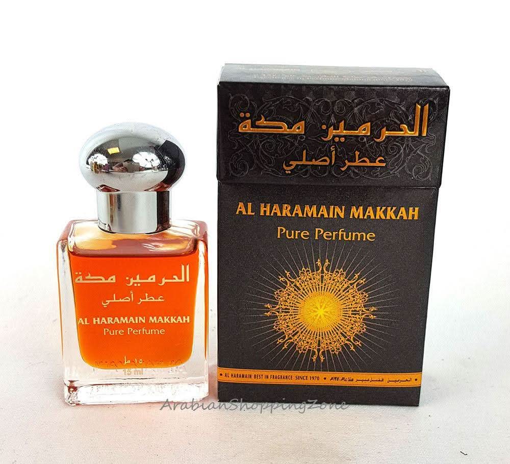 Al Haramain Makkah Perfume Oil 15ml bottle, concentrated perfume oil with intricate design on the packaging.