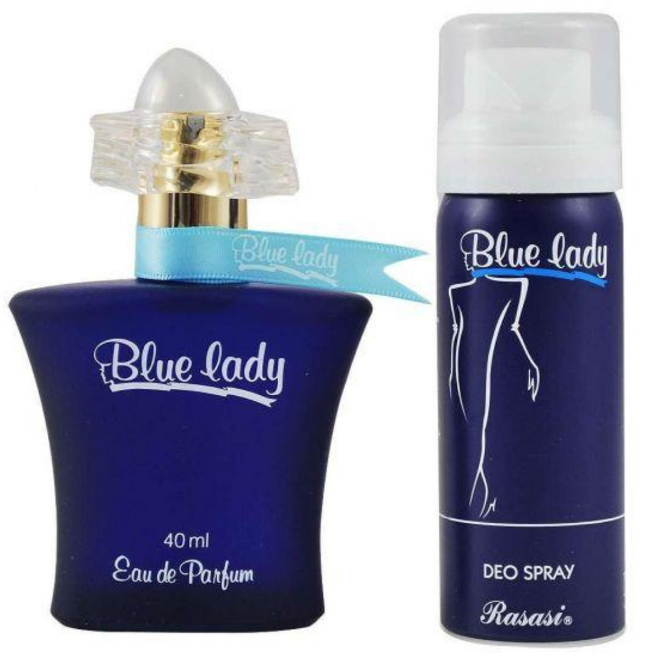 Blue Lady with Deo EDP bundle by Rasasi, featuring a 40ML perfume bottle and matching deodorant in a colorful package.