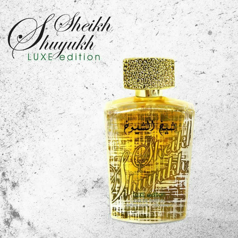 Lattafa Sheikh Al Shuyukh Luxe EDP 100ML perfume bottle with velvet pouch, featuring elegant floral and spicy fragrance details.