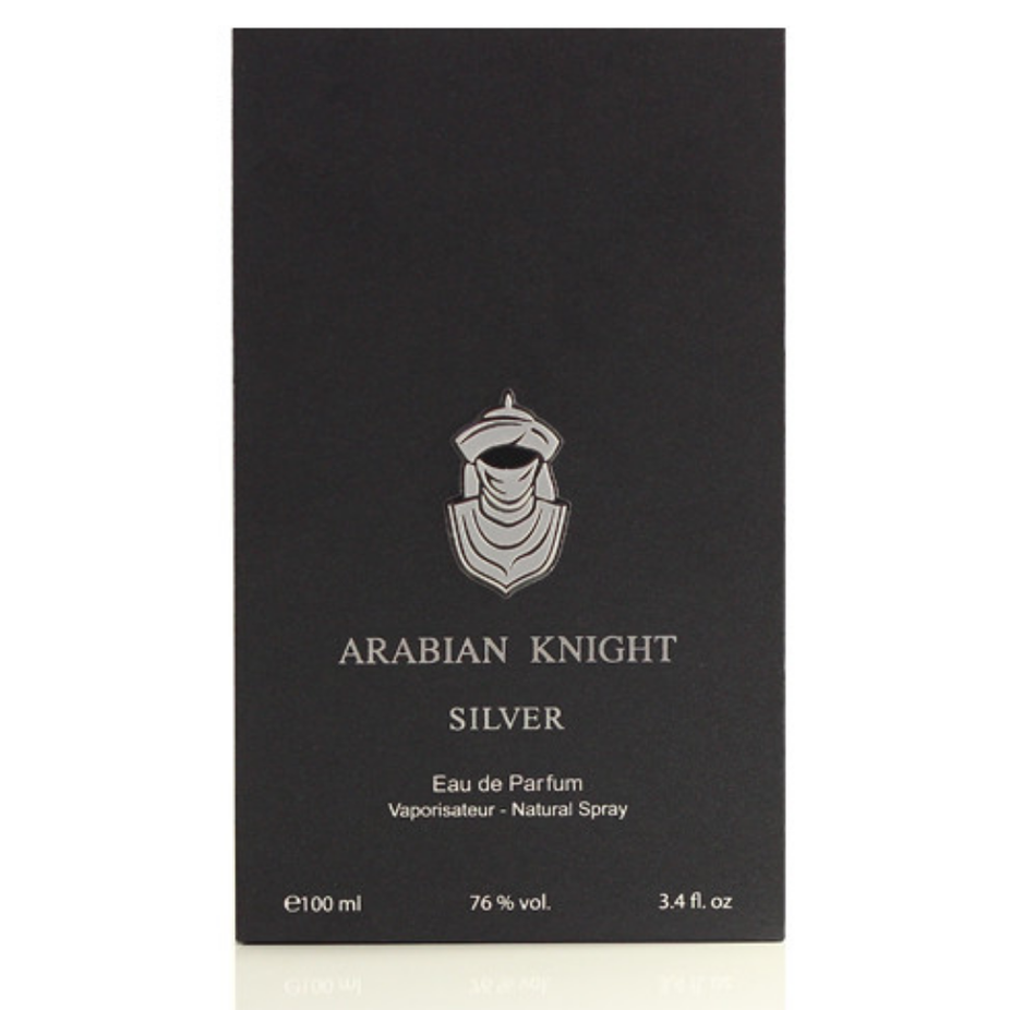 Arabian Oud Arabian Knight Silver EDP Eau De Parfum 100ML bottle with sleek silver design and elegant fragrance packaging
