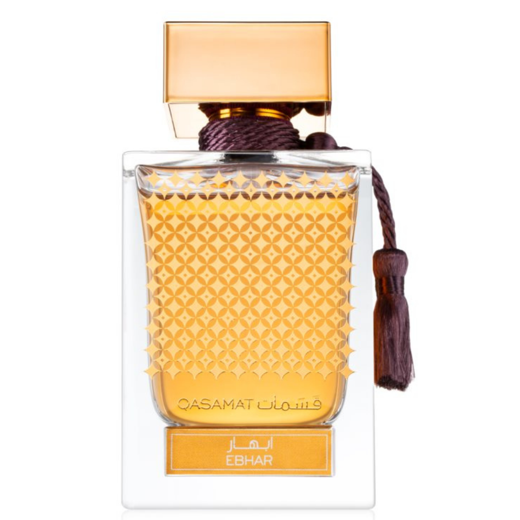 Rasasi Qasamat Ebhar EDP perfume bottle with velvet pouch, 65ml (2.1 oz), elegant floral and woody fragrance packaging