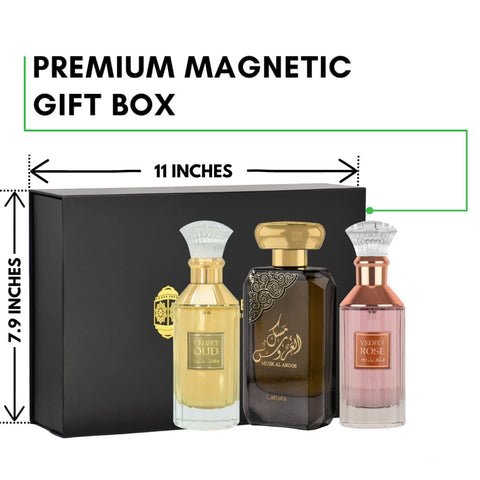 Lattafa Velvet Rose, Musk Al Aroos & Velvet Oud perfume gift set in a magnetic box, featuring elegant 100ml EDP bottles.