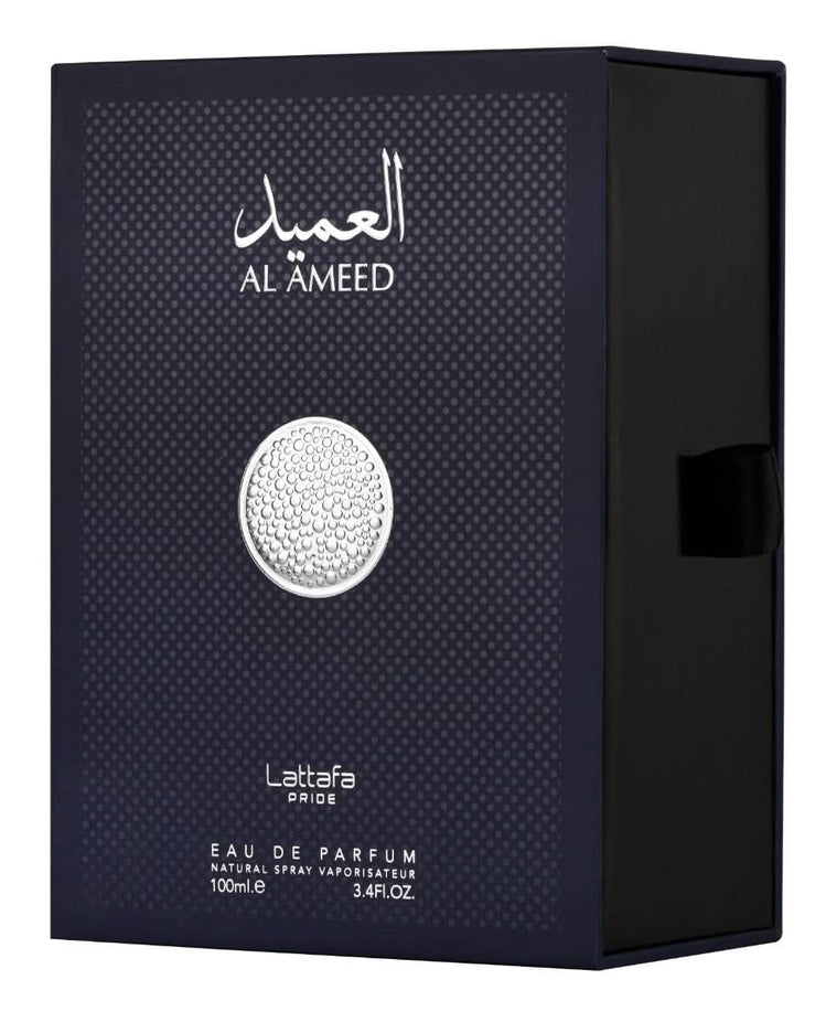 Lattafa Pride Al Ameed Eau De Parfum 100mL bottle, elegant perfume with intricate design and floral fragrance.