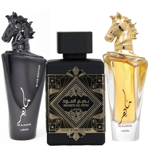 Lattafa Bade'e Al Oud for Glory, Maahir & Maahir Black 100ML fragrance bundle featuring warm, woody luxury scents.