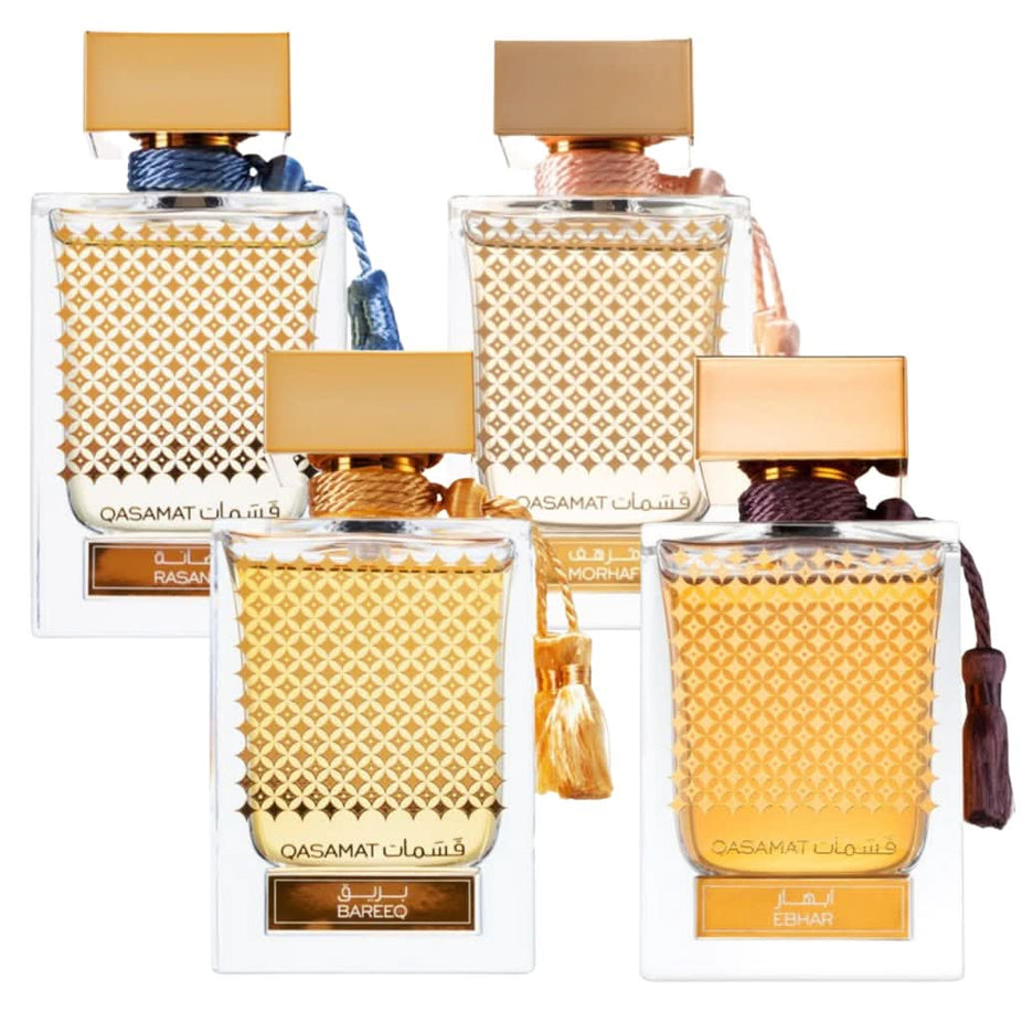 Unisex Rasasi Qasamat EDP Eau De Parfum bundle with 65ml bottles, featuring elegant perfume bottles in a stylish pack.