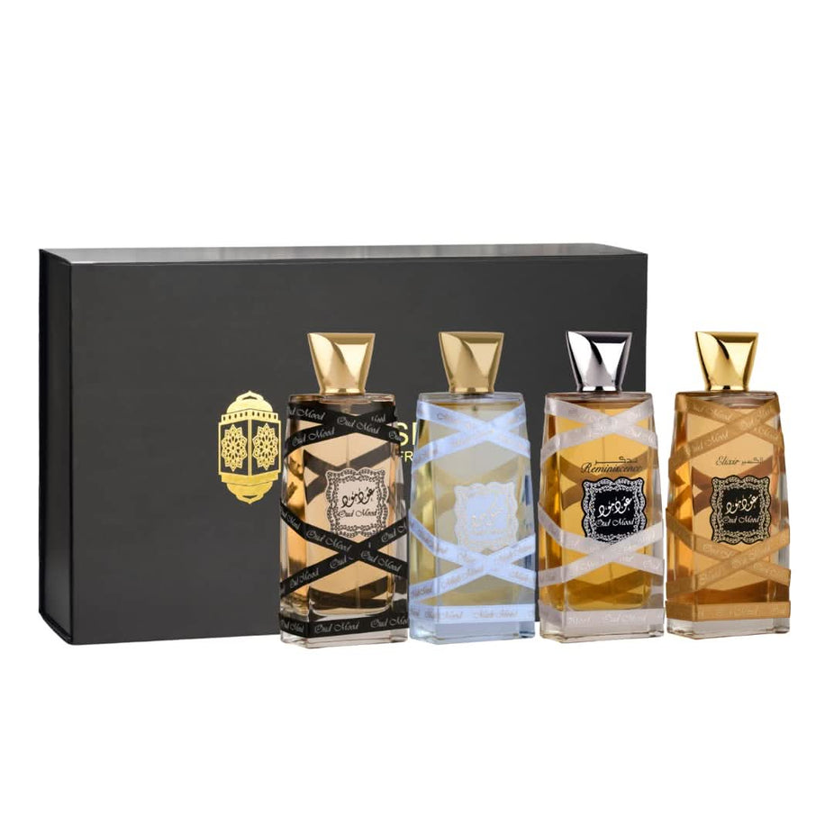 Lattafa Oud Mood Eau De Parfum 100ml with magnetic gift box, featuring warm musk, oud, and floral scent notes.