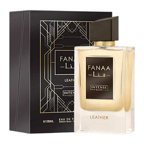 FANAA Leather Men 100ML and Bade'e Al Oud Glory 100ML by Lattafa Eau De Parfum bottles on a display.