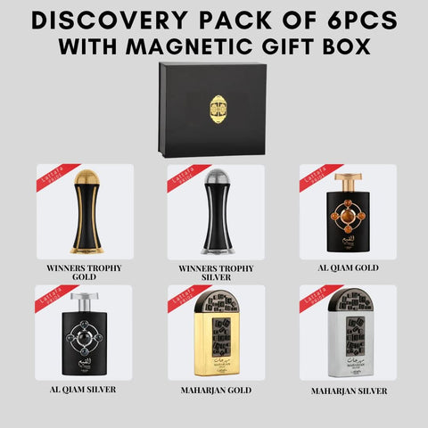 Lattafa Pride Discovery Pack of 6 Eau De Parfum travel sets with magnetic gift box, each 20ml, featuring elegant fragrance bottles.