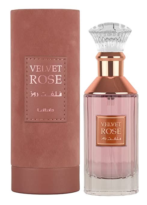 Lattafa Velvet Rose Eau de Parfum bottle, 100ml, with elegant pink and gold design, showcasing luxurious floral fragrance.