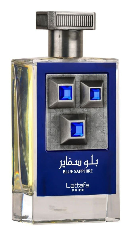 Blue Sapphire Eau De Parfum by Lattafa Pride, 100mL bottle with elegant blue and silver design, showcasing the fragrance bottle.