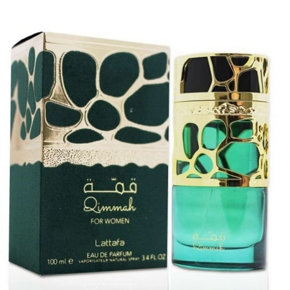 Lattafa Qimmah Eau De Parfum for men and women in a 100ml bottle, featuring elegant packaging and a luxurious fragrance design.