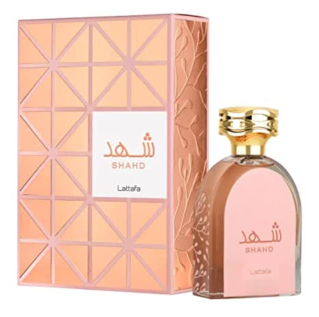 Lattafa Shahd Eau de Parfum 100ml bottle, elegant fragrance with floral and woody notes, showcased in a sleek glass bottle.
