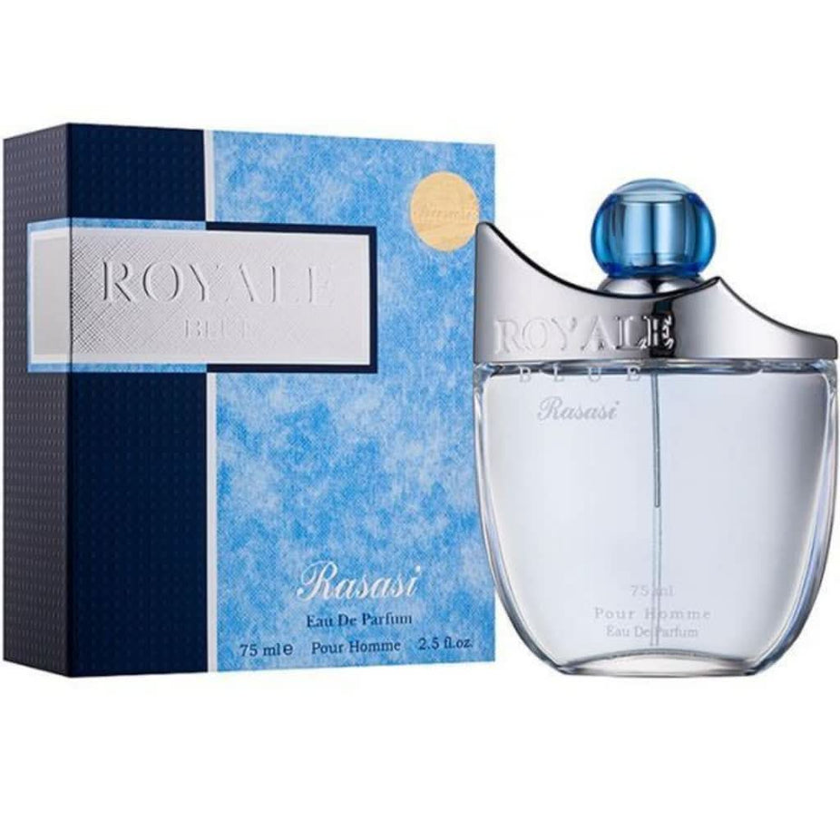 Rasasi Royale Blue and Eau de Parfum bundle with men's and women's fragrances, 75ml and 50ml bottles in a value pack.