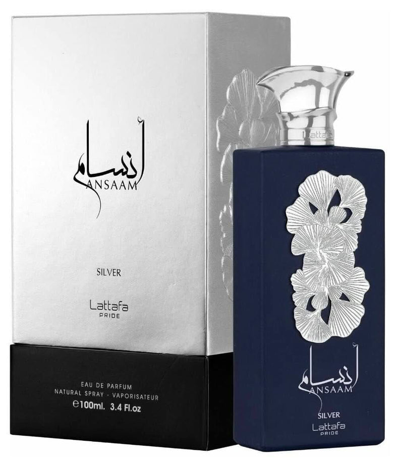 Lattafa Ansaam Gold & Silver Eau de Parfum 100ml bottle with gold and silver accents, elegant design, and clear perfume branding.