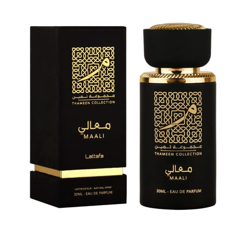Lattafa Fakhar Thara Maali Shamoukh EDP 30ml perfume bottle with elegant packaging and floral notes.