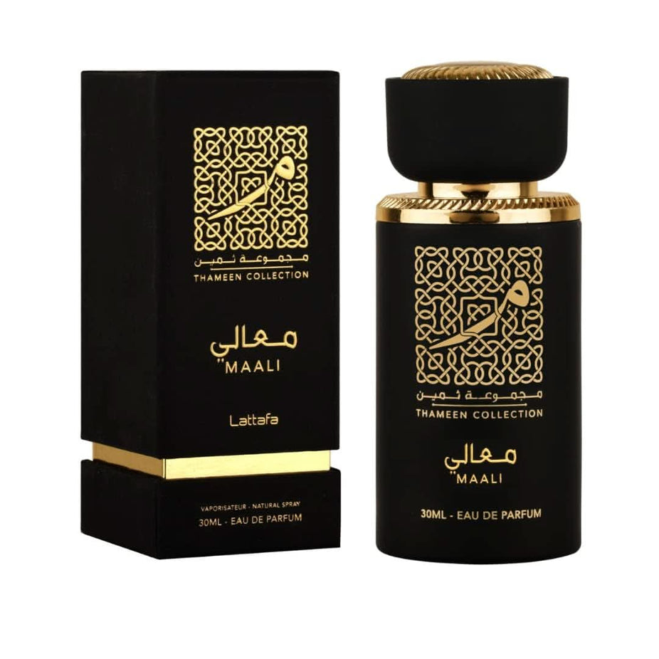 Fakhar Thara Maali Shamoukh Eau De Parfum by Lattafa, 30ml bottle with elegant packaging and fragrance details.