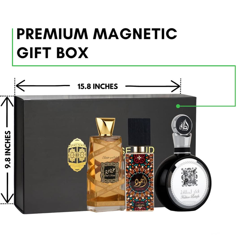 Lattafa Fakhar Men Ajwad & Oud Mood Elixir perfume gift set with 100ml bottles in a magnetic gift box.