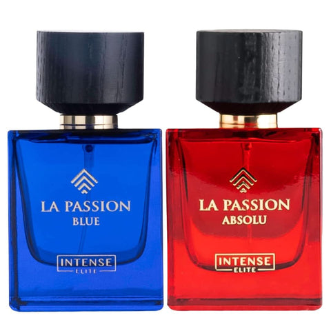 Intense Elite La Passion Blue and Absolu EDP 100ml Eau De Parfum bottle with elegant blue and gold design.