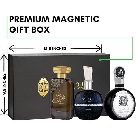 Musk Al Aroos, Fakhar Men & Ser Al Hubee EDP-100ml(3.4 oz) with Magnetic Gift Box Perfect for Gifting | by Lattafa Perfumes - Intense Oud