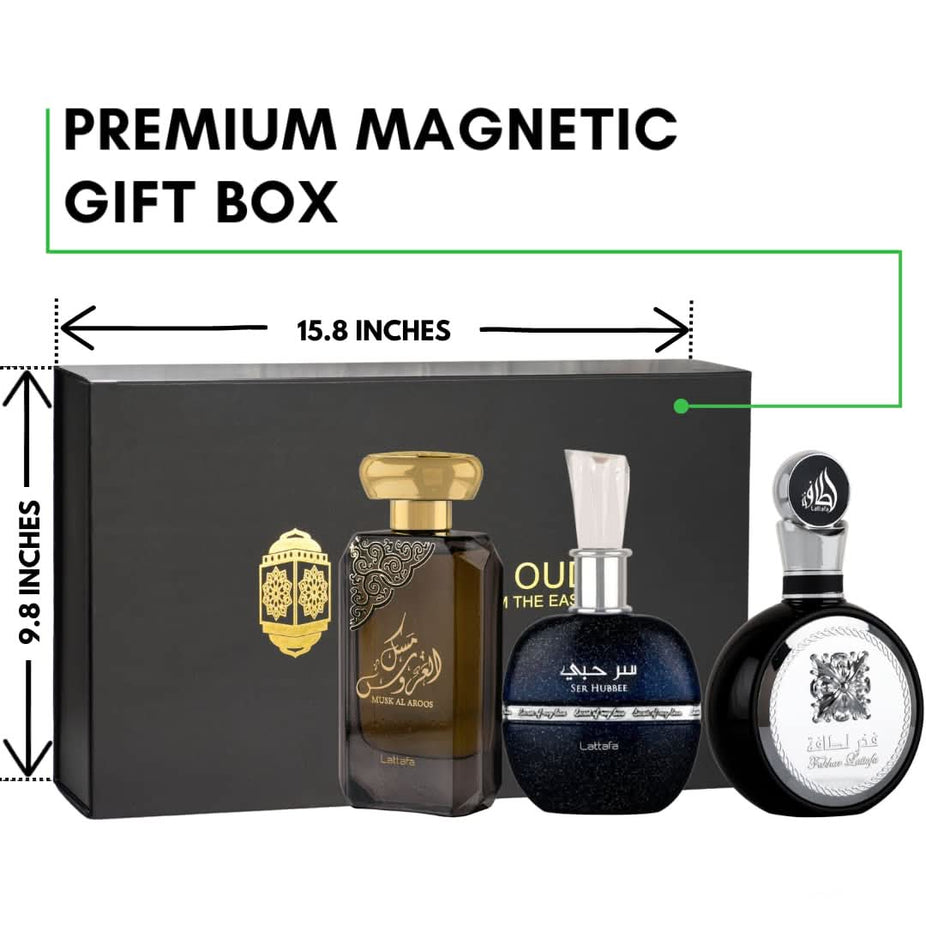 Lattafa Musk Al Aroos and Fakhar Men & Ser Al Hubee EDP perfume gift set with 100ml bottles in a magnetic gift box.