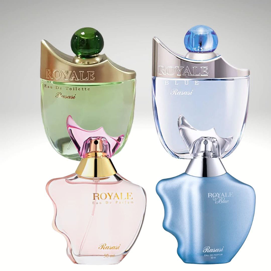 Rasasi Royale Blue and Royale EDT perfume bundle with men's and women's EDPs in 75ml and 50ml bottles.