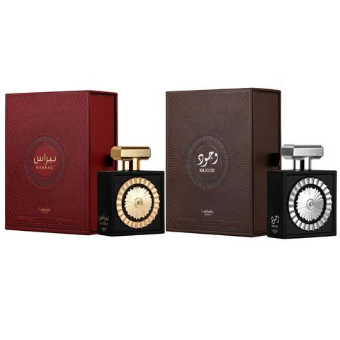 Lattafa Pride Nebras & Wajood Eau De Parfum 100ml bottle, elegant perfume with floral and woody notes, in a sleek glass bottle.