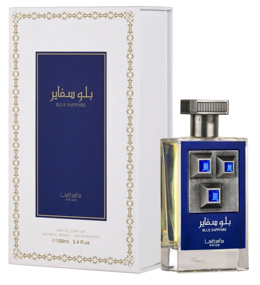 Blue Sapphire Eau De Parfum by Lattafa Pride in 100mL bottle, featuring a deep blue fragrance with elegant packaging.