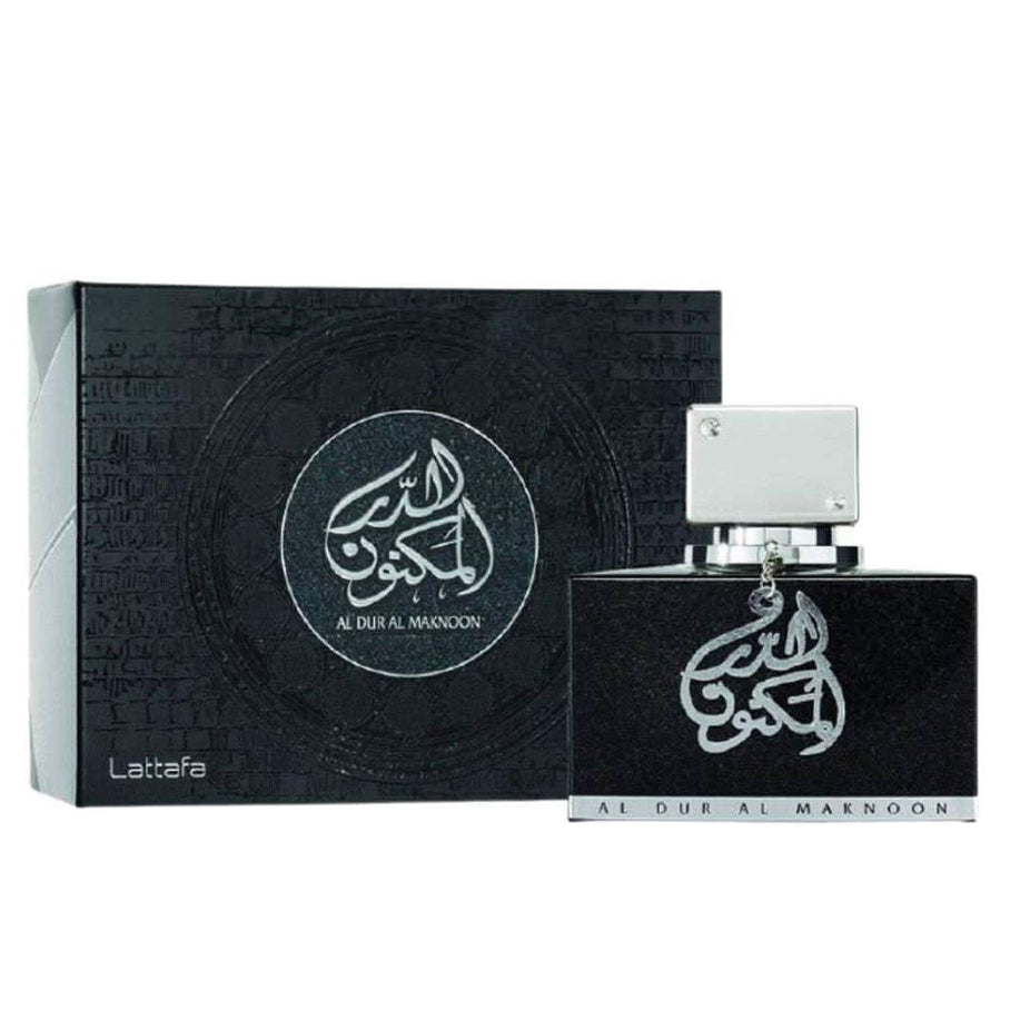 Lattafa Al Dur Al Maknoon Silver and Gold women’s 100ML EDP bottle with elegant silver and gold design.