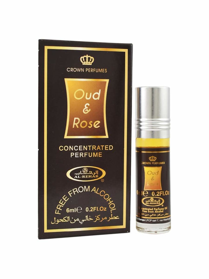 Al Rehab Oud & Rose 6ml concentrated perfume oil bottle with floral and woody fragrance notes.