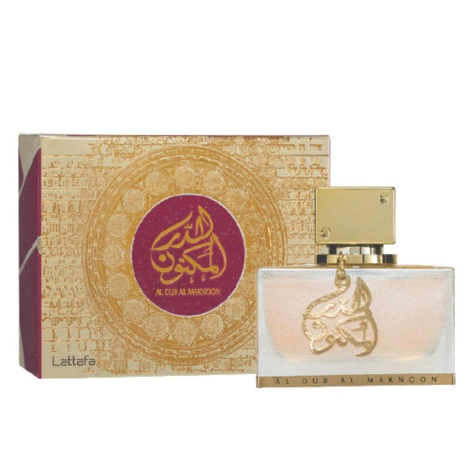 Lattafa Al Dur Al Maknoon Silver and Gold for Women EDP, 100ML bottle with elegant silver and gold design.