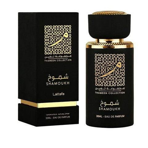 Lattafa Fakhar Thara Maali and Shamoukh EDP 30ml perfume bottles displayed with elegant packaging.