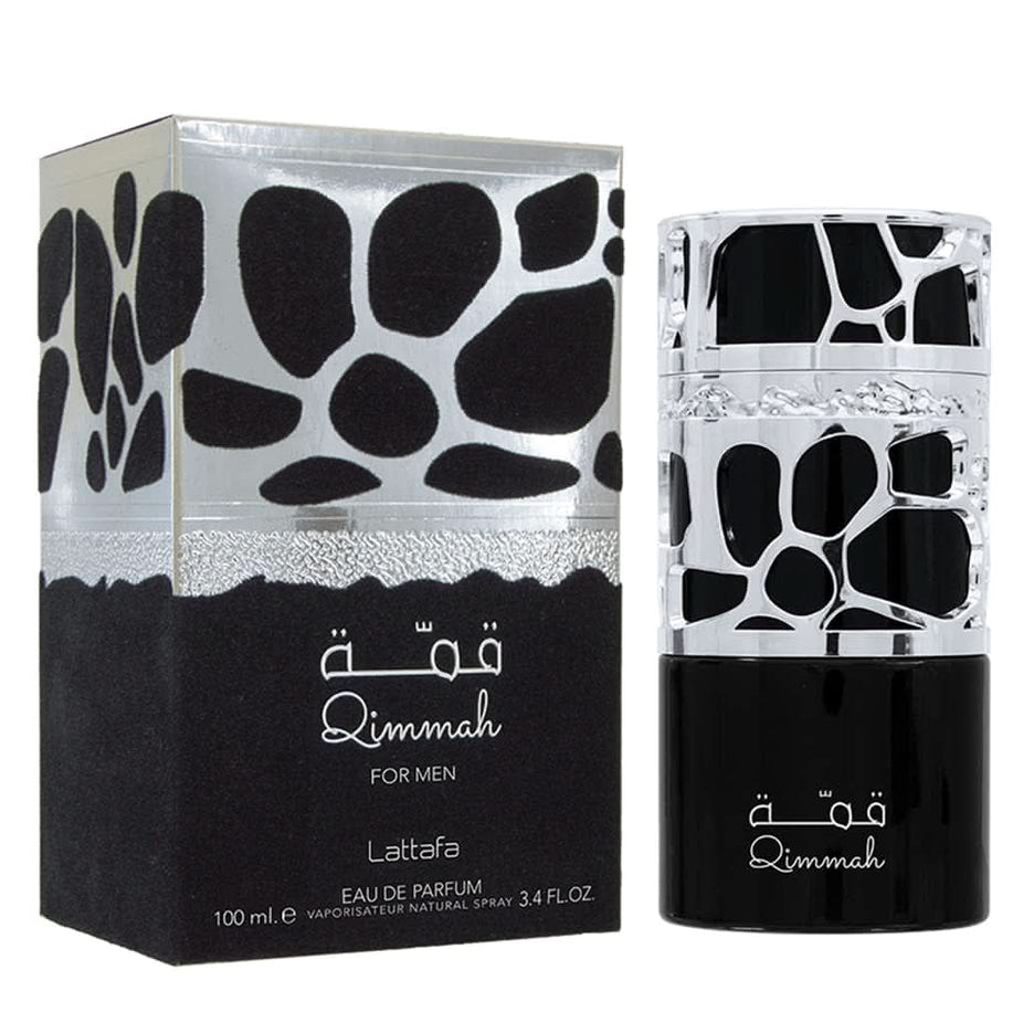 Lattafa Qimmah Eau De Parfum for men and women in 100ml bottle, elegant fragrance with floral and woody notes.