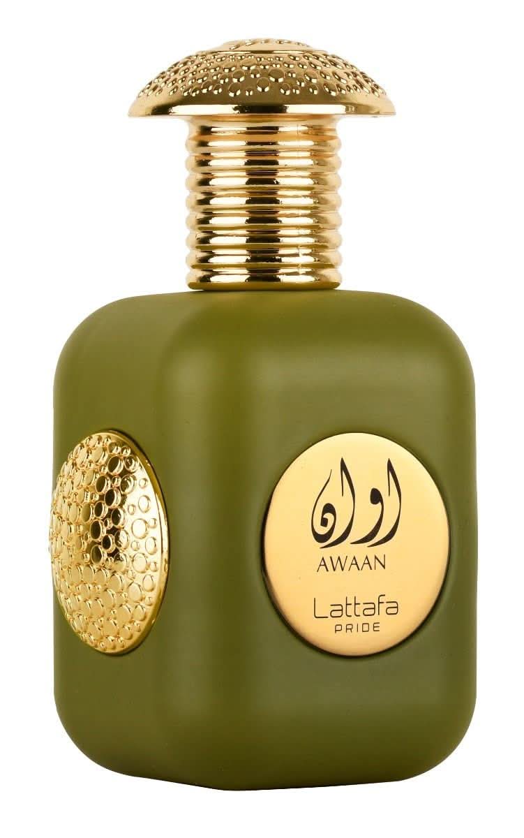 Lattafa Pride Awaan EDP Eau De Parfum 100mL bottle, elegant design, showcasing the luxurious fragrance packaging.